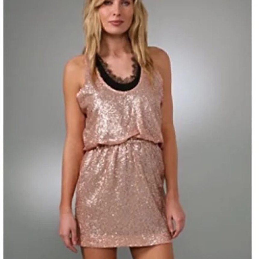 Robert Rodriguez Blush Sequined Black Lace Tank Mini Dress. Size 8. EUC!